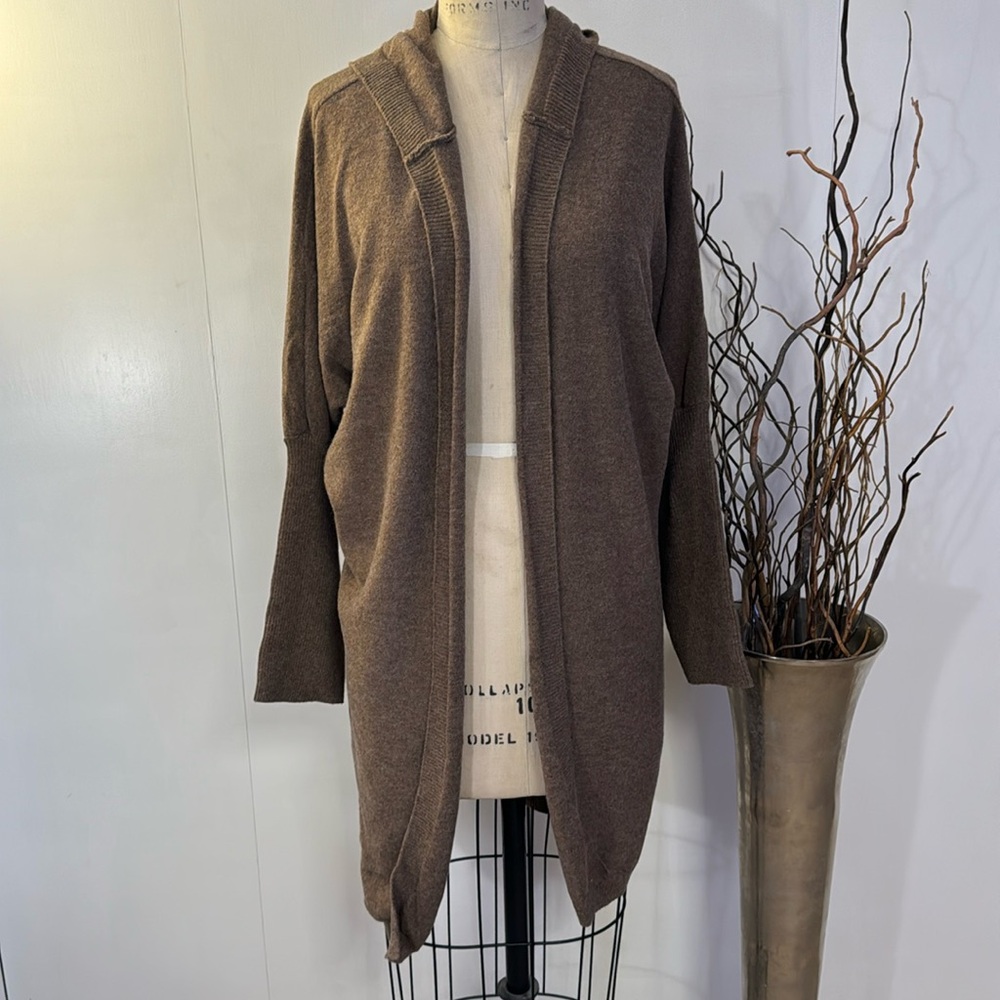 Long sleeve hooded open front cardigan in coffee